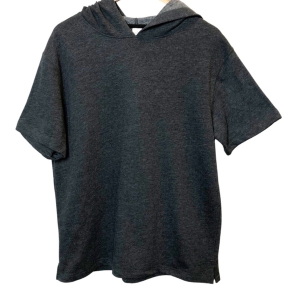 Women’s Dark Heather Grey Charcoal Short Sleeve Hoodie Streetwear Pullover - Picture 3 of 16